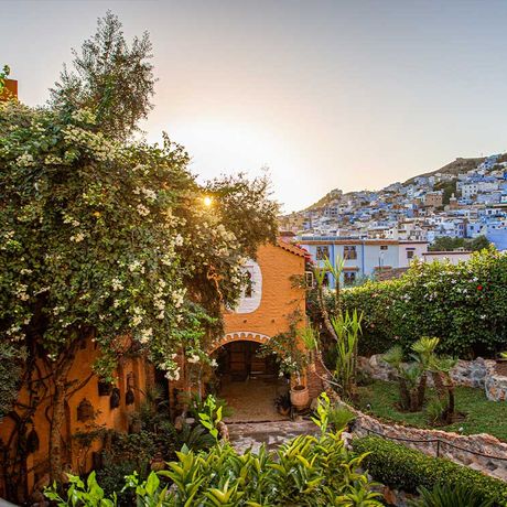 Blick auf den Garten des Hotels Dar Echchaouen