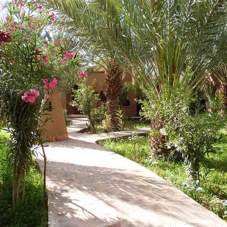 Blick auf einen Gehweg zwischen Baeumen im Garten des Kasbah-Hotels la Rose du Desert
